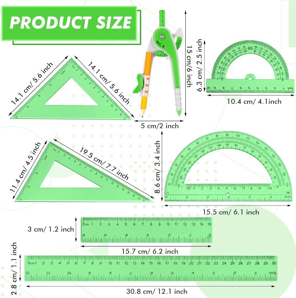7 Pcs Geometry Math Set: 6/4 I - Ruler Set Transparent 评论和价格